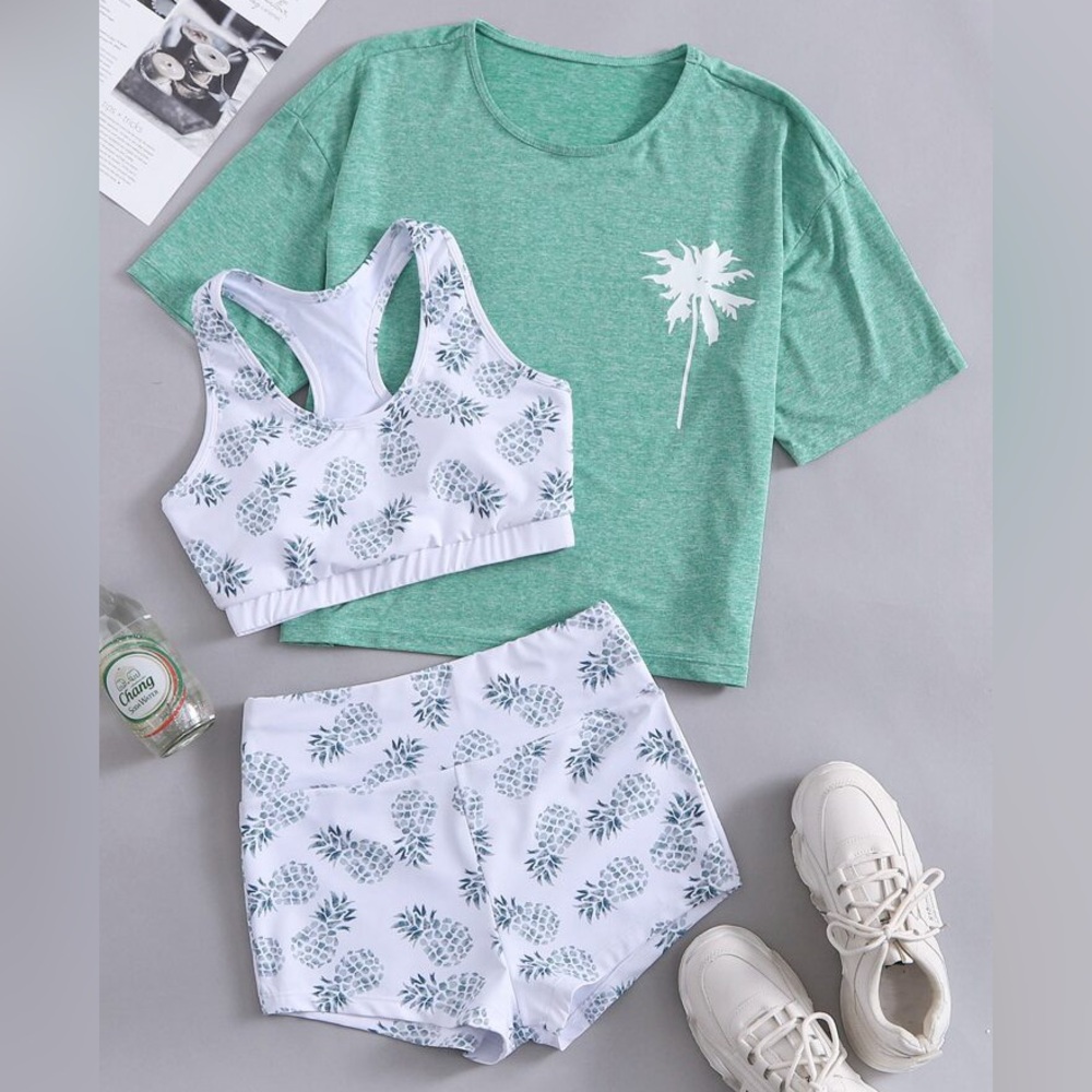 3pack Pineapple Print Sports Bra & Biker Shorts & Tee